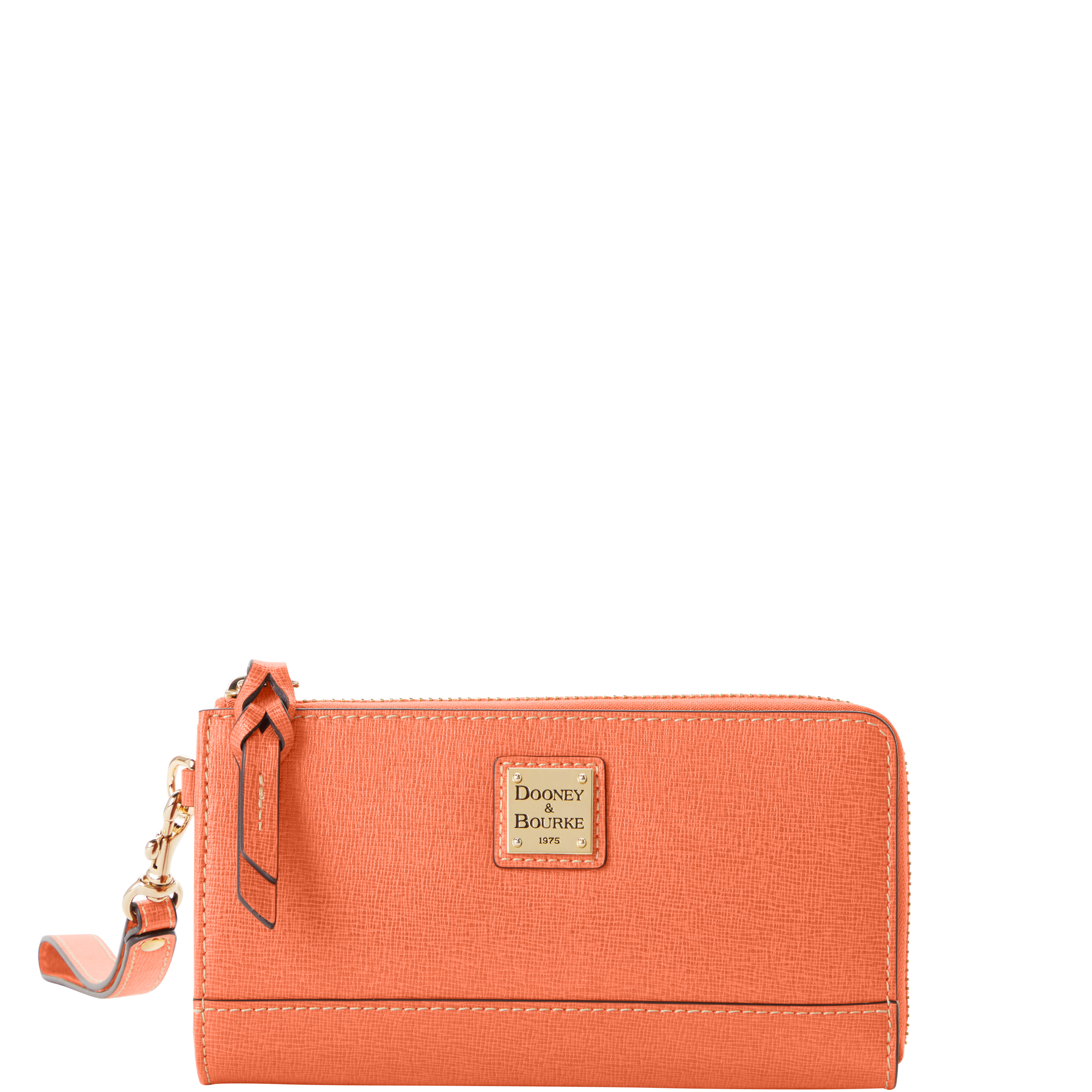 Dooney & Bourke Saffiano Leather Zip Around Wallet - Medium Size, Coral Color, With 8 Card Slots & Zippered Pocket